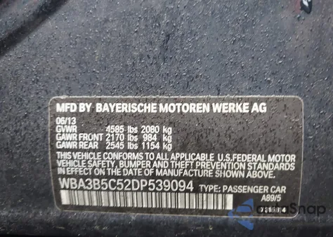 2013 BMW 328I xDrive из США, поврежденный, VIN WBA3B5C52DP539094